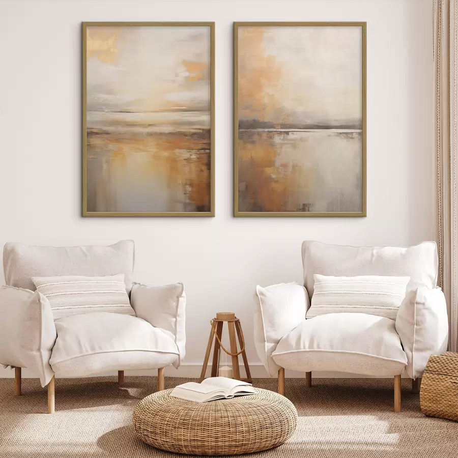 fototapet O pictură abstractă a unui peisaj de plajă cu un ocean calm, nisip portocaliu și un cer noros cu soare d00653
