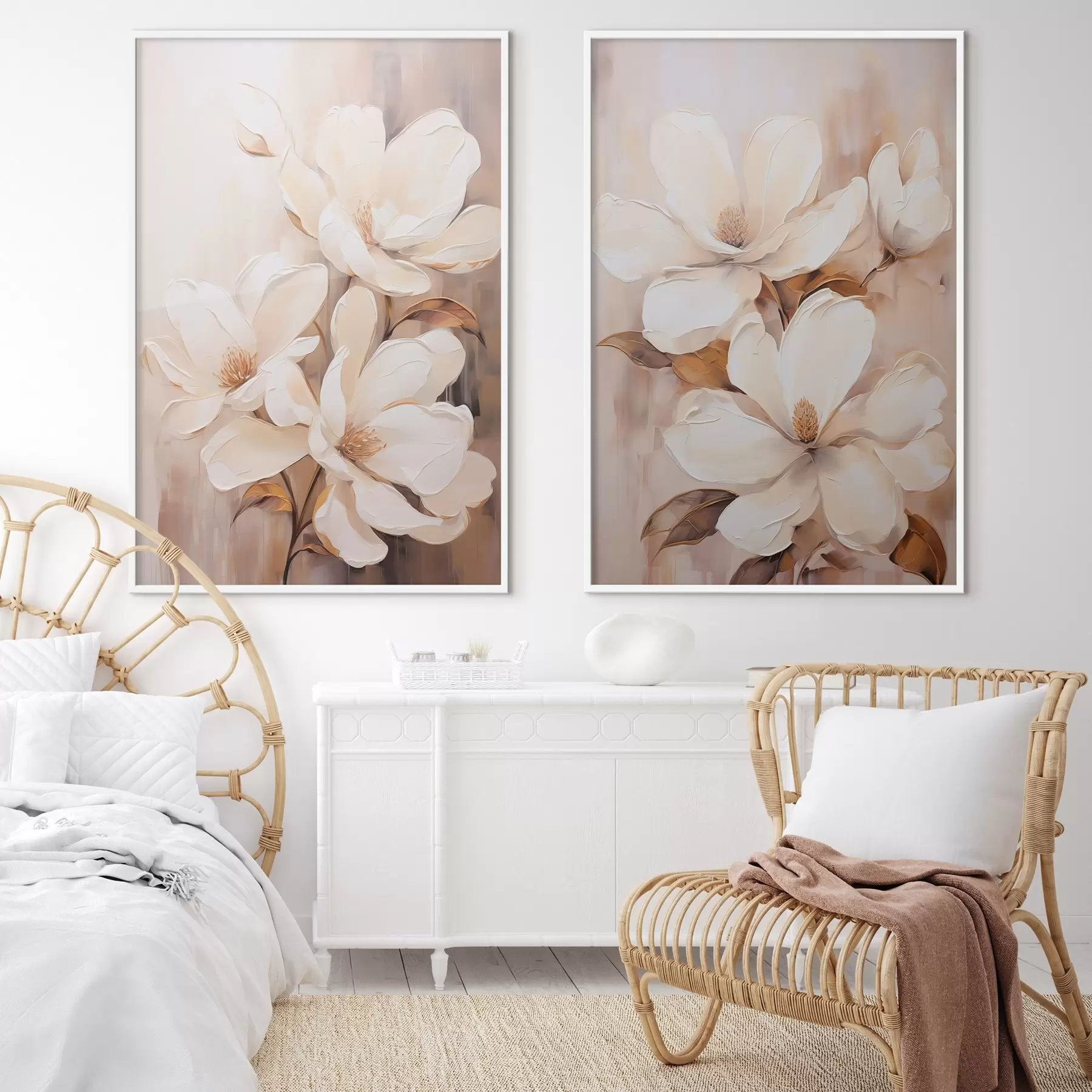 fototapet Flori albe de magnolie pe un fundal blând, neclar, cu tonuri de bej și maro, stil pictură d00655