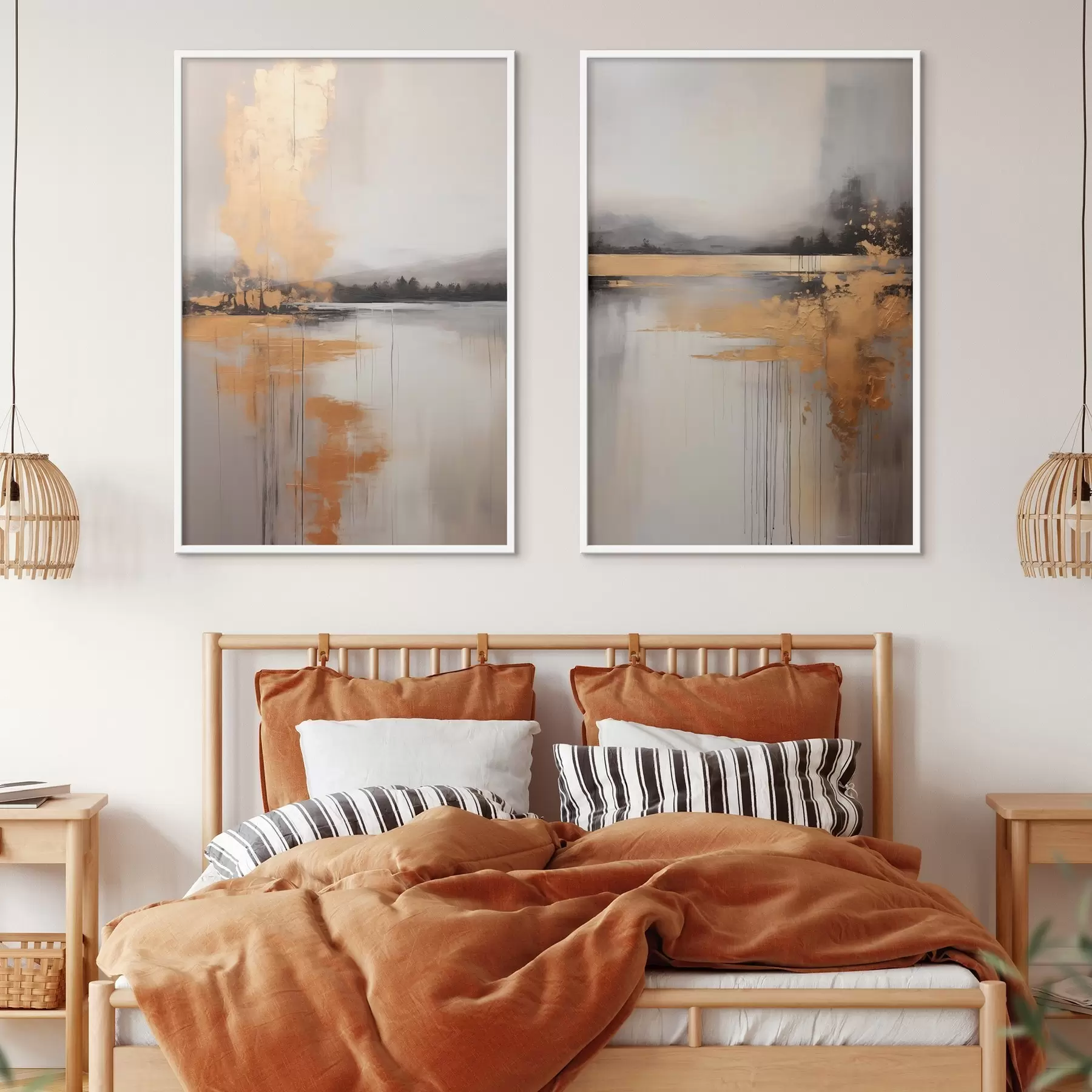 fototapet Un peisaj abstract cu un lac, copac și ceață galbenă , apa reflectă și cerul înnorat d00657