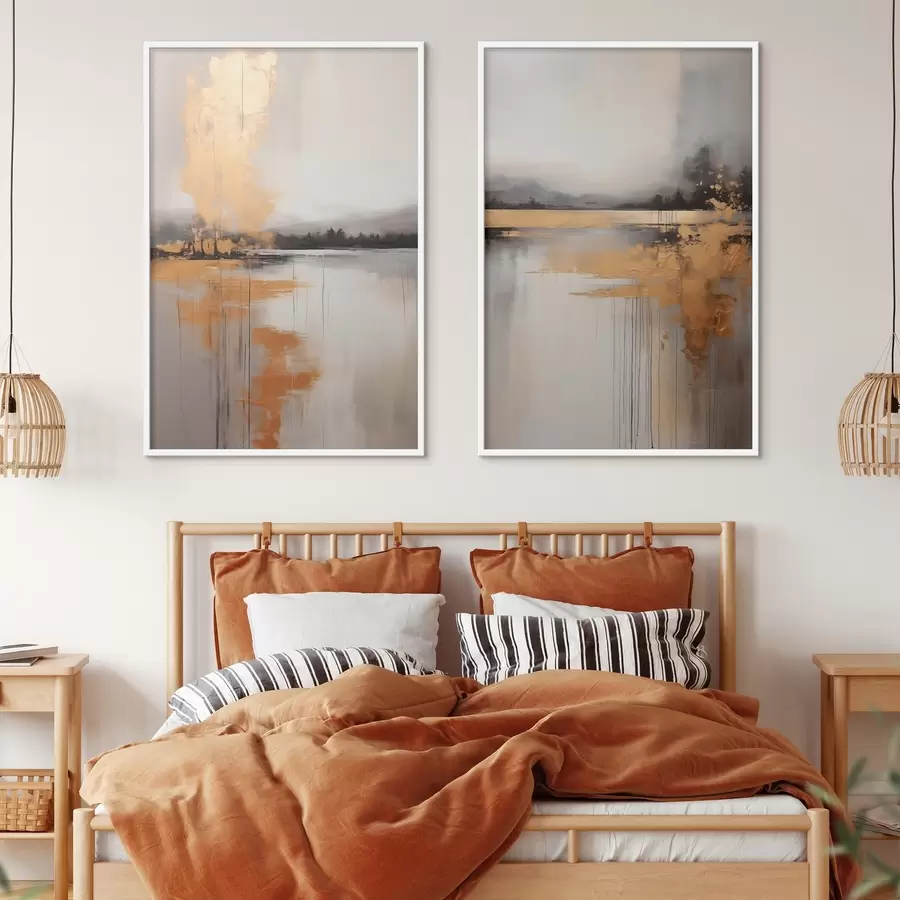 fototapet Un peisaj abstract cu un lac, copac și ceață galbenă , apa reflectă și cerul înnorat d00657