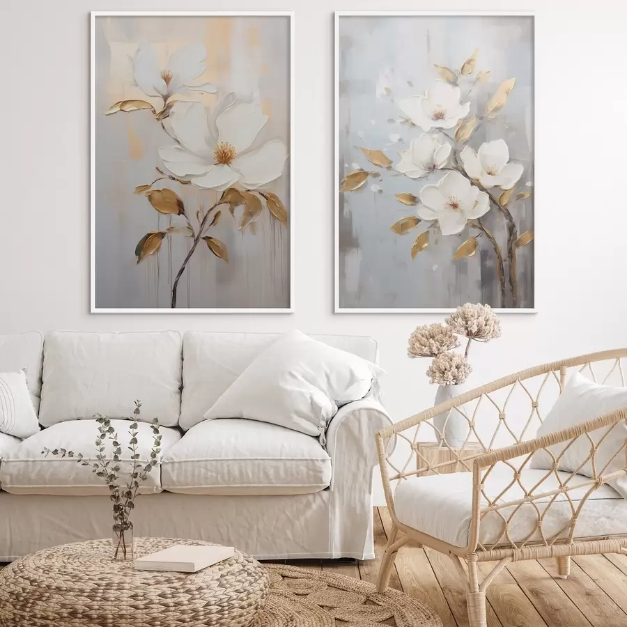 fototapet Două flori albe cu frunze galben-portocalii pe un fundal deschis d00687