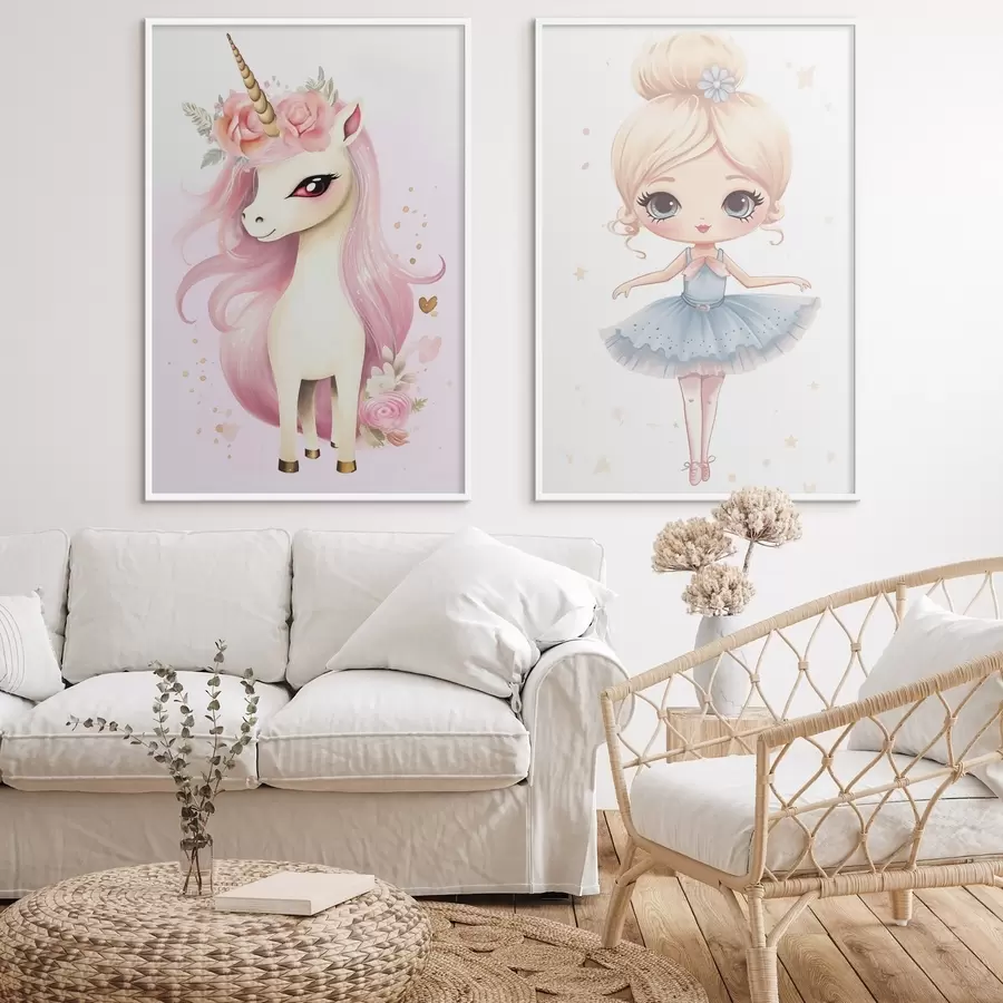 fototapet Păpușă balerină în rochie albastră și unicorn cu coamă roz d00692