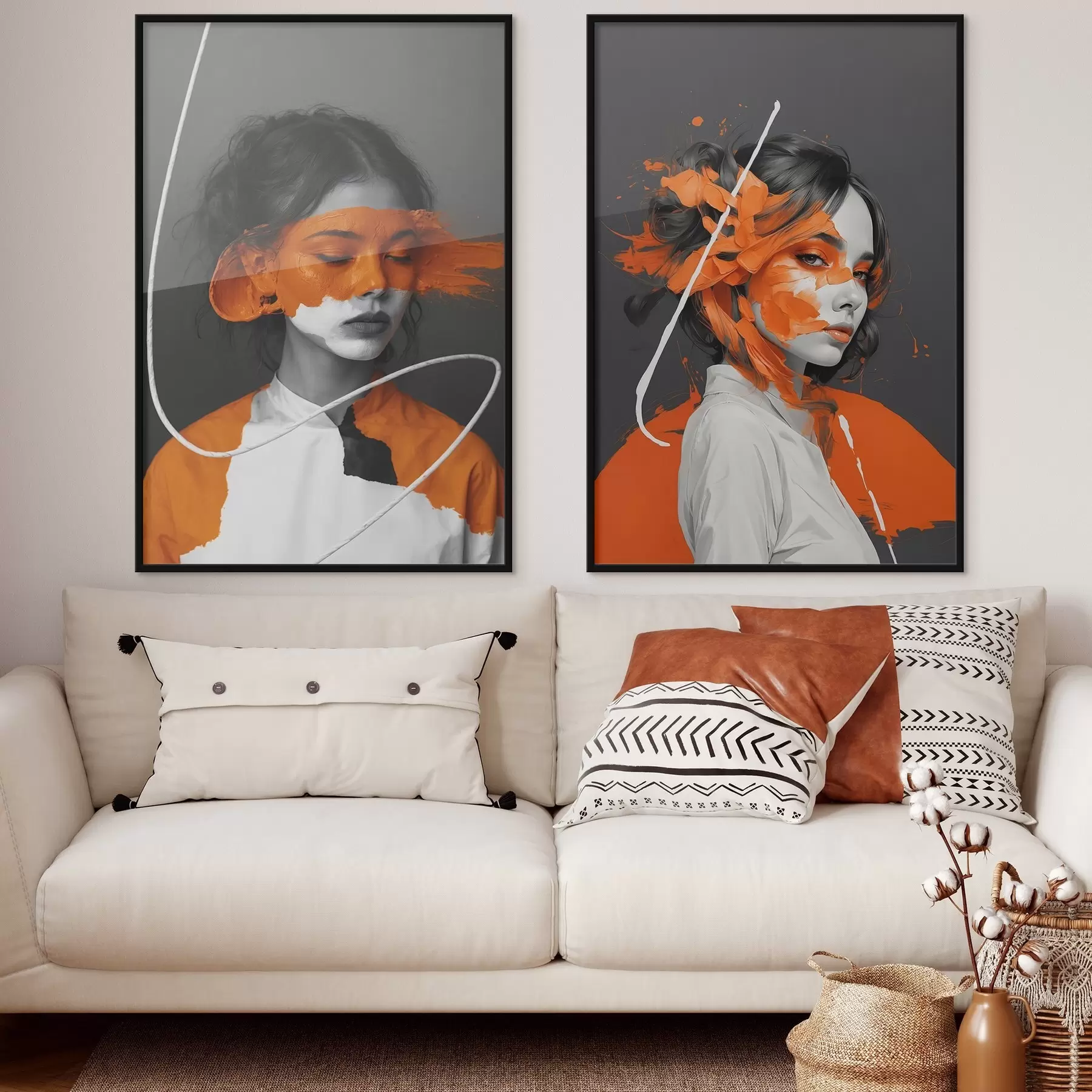 fototapet Portrete de fete cu tușe abstracte portocalii d00693