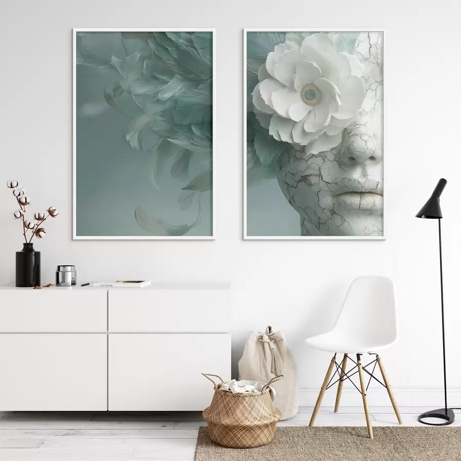 fototapet fața de marmură a unei fete cu o floare și pene d00699