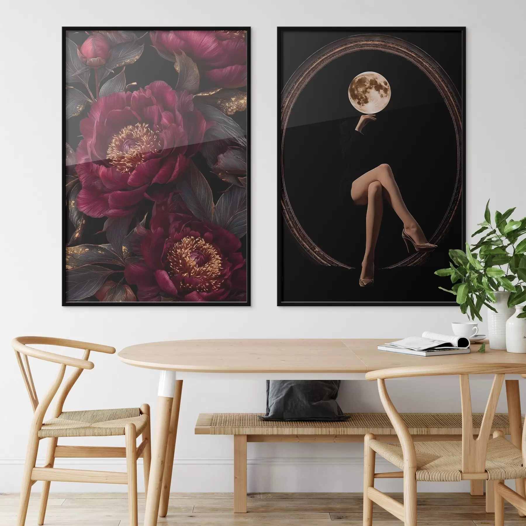 fototapet Bujori burgund și o siluetă cu cap de lună pe fond negru d00765