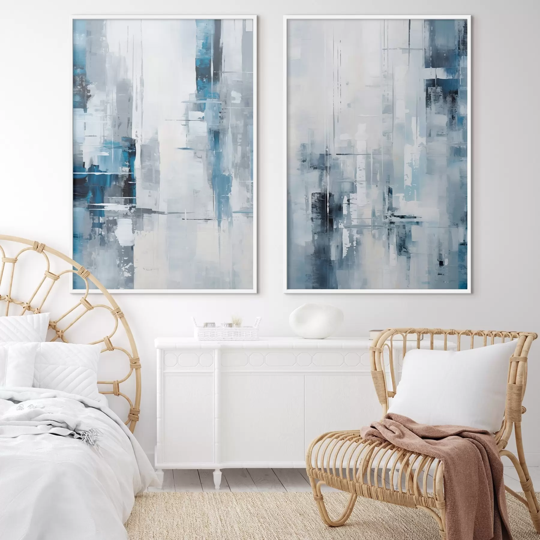 fototapet Imitare de pictură abstractă cu culori albastru, gri și alb, linii verticale și forme geometrice d00819