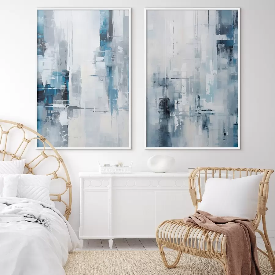 fototapet Imitare de pictură abstractă cu culori albastru, gri și alb, linii verticale și forme geometrice d00819