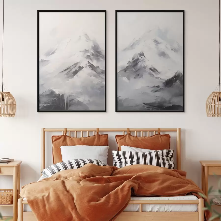 fototapet Vârfuri de munte înzăpezite cu umbre cenușii, cer cenușiu, pensule, texturat, minimalist d00822