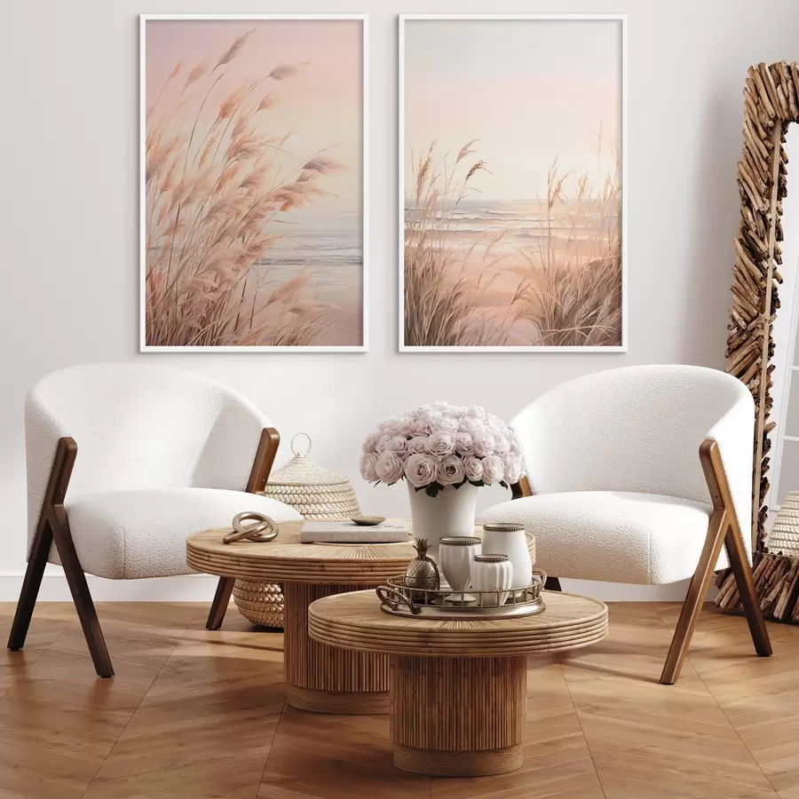 fototapet Iarbă de pampas cu paletă de culori portocaliu pastel, cer roz deschis, un peisaj liniștit d00823