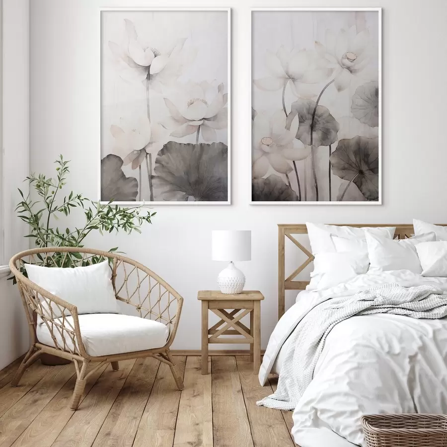 fototapet Flori de lotus albe texturate cu frunze întunecate, fundal deschis, design minimalist d00824