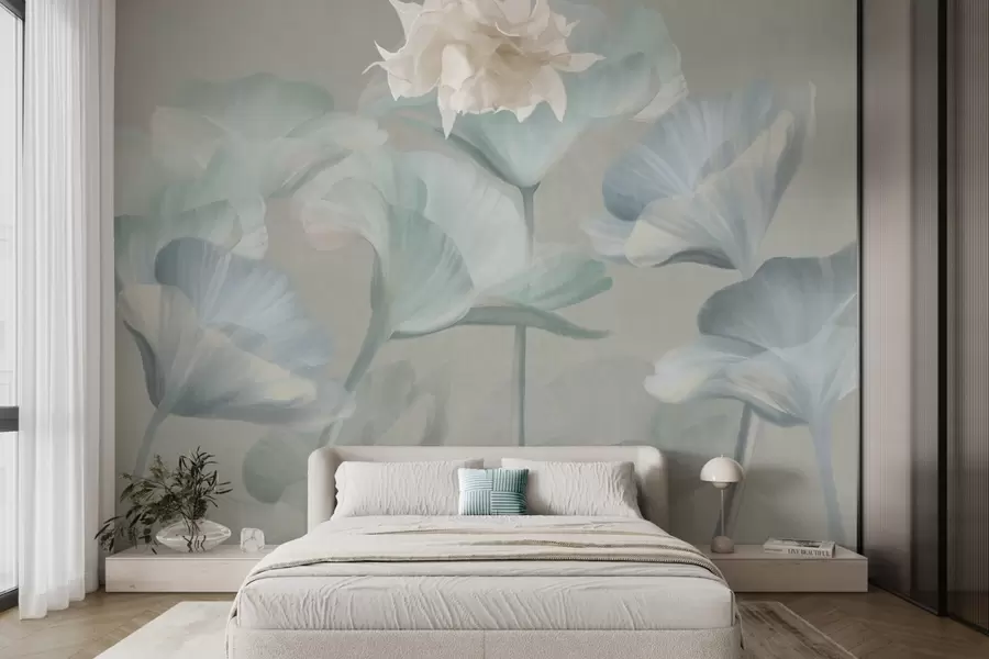 fototapet Flori de lotus translucide, de culoare turcoaz pal, cu textură și petale delicate, pe un fundal gri discret w09640v2