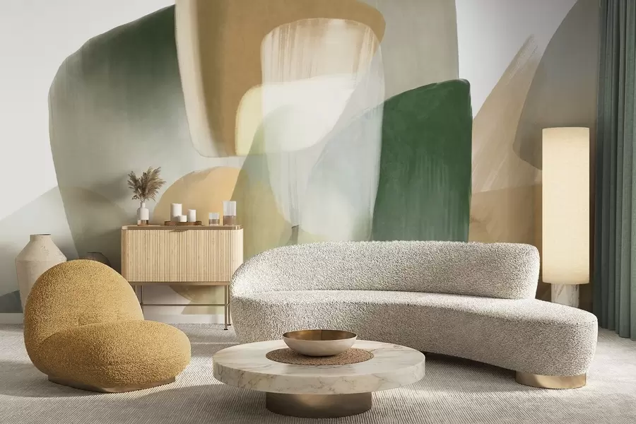 fototapet Forme abstracte texturate în culori discrete de verde și bej, cu margini moi și straturi suprapuse w09642