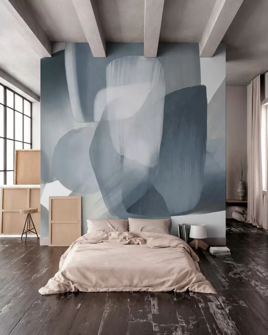 fototapet Forme abstracte texturate în culori discrete de albastru și gri, cu margini moi și straturi suprapuse w09642v1