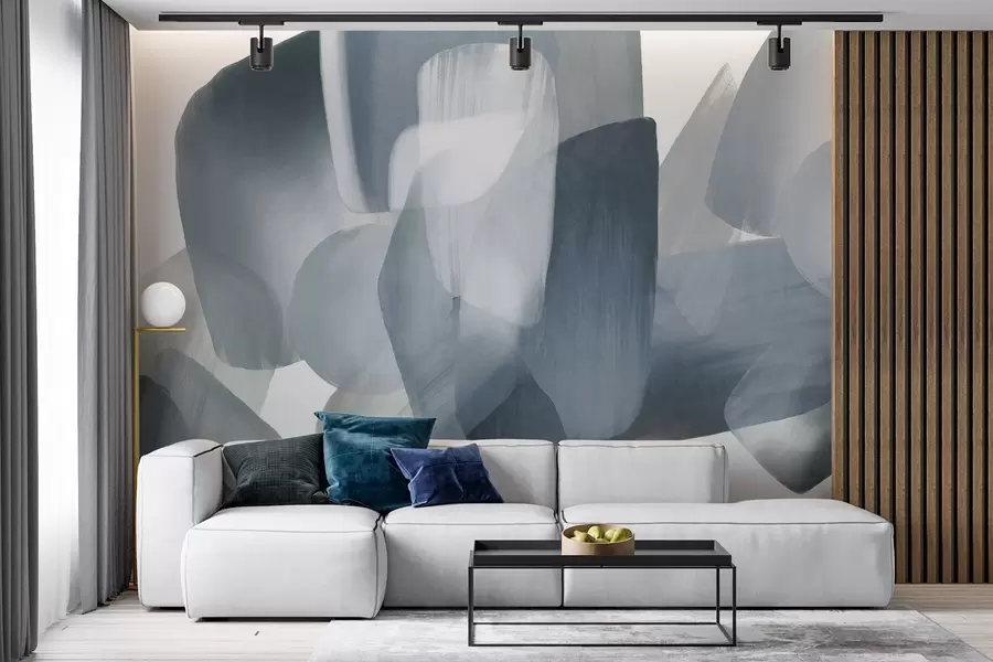 fototapet Forme abstracte texturate în culori discrete de albastru și gri, cu margini moi și straturi suprapuse w09642v1