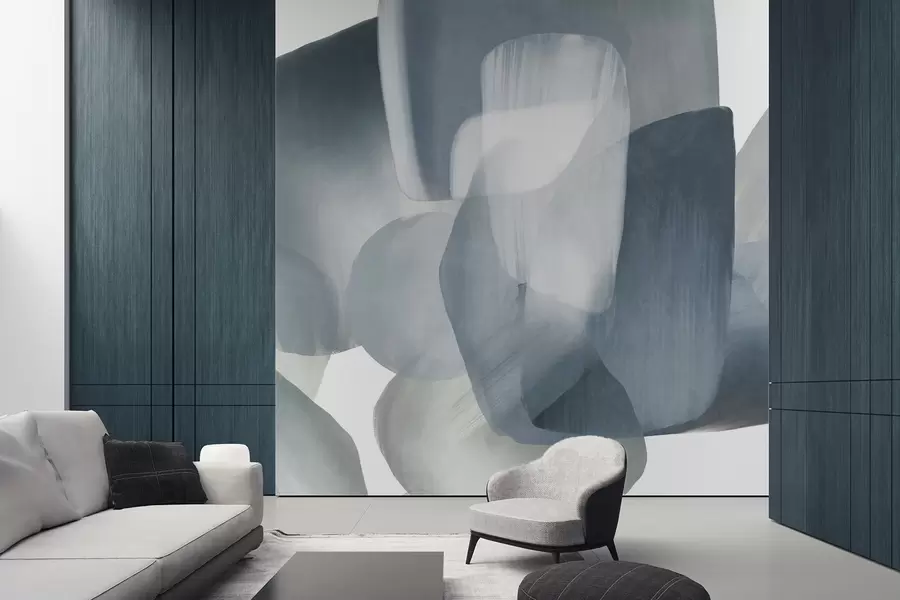 fototapet Forme abstracte texturate în culori discrete de albastru și gri, cu margini moi și straturi suprapuse w09642v1