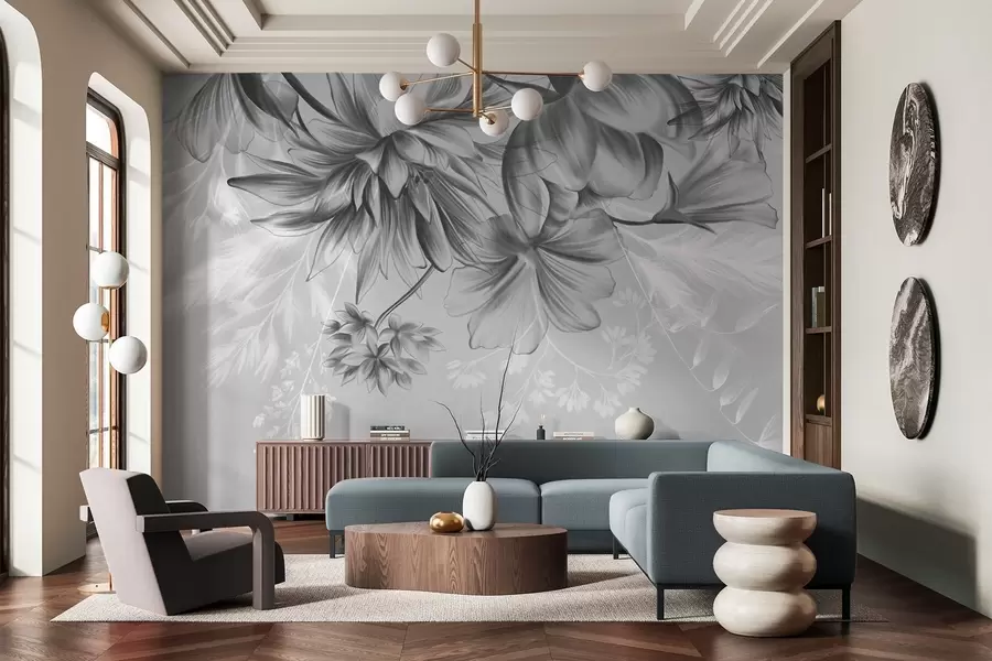 fototapet Flori și ferigi texturate în nuanțe de gri închis și alb pe un fundal gri discret, stil de desen w09644v1