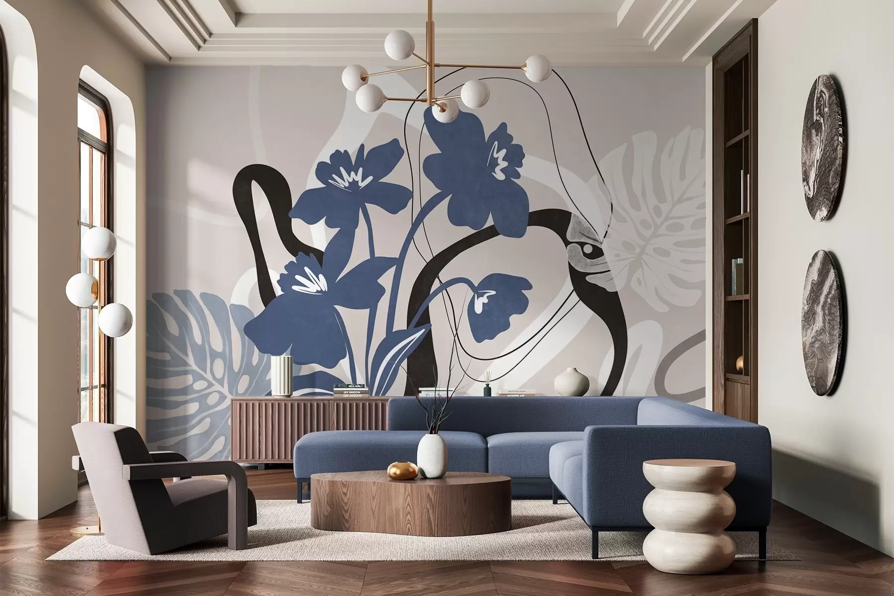 fototapet Flori albastre abstracte cu textură, cu forme albe și negre pe un fundal bej deschis, artă minimalistă w09645