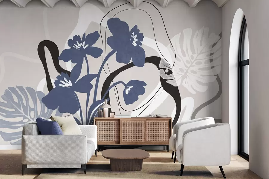 fototapet Flori albastre abstracte cu textură, cu forme albe și negre pe un fundal bej deschis, artă minimalistă w09645