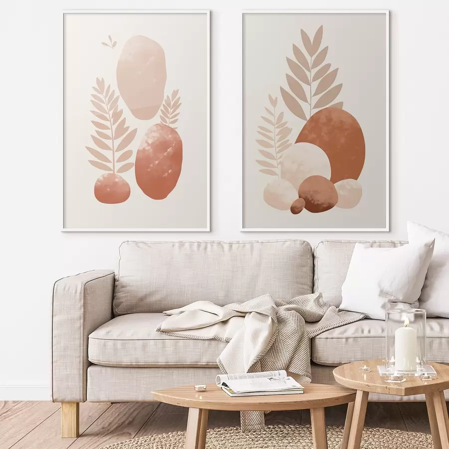 fototapet Forme abstracte, pietre texturate și frunze în nuanțe discrete de piersică și teracotă, fundal minimalist, crem d01114