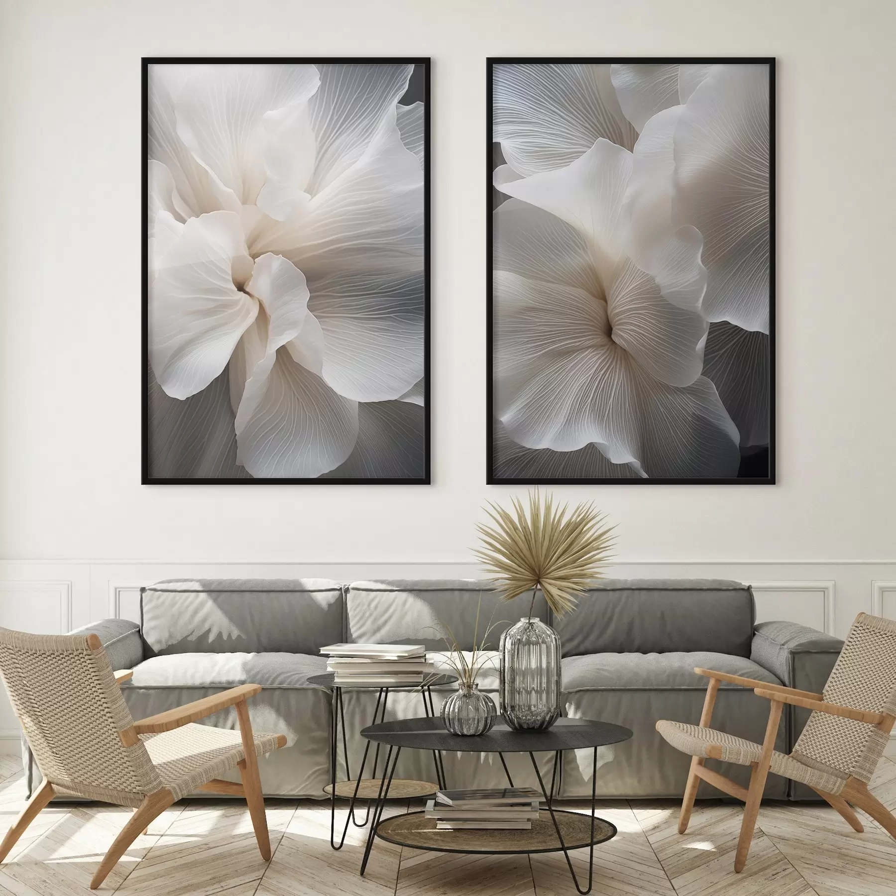 fototapet Prim-plan cu petale florale albe abstracte delicate, cu linii complexe și un fundal întunecat estompat d01117