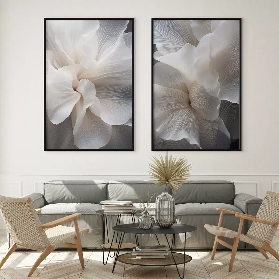 fototapet Prim-plan cu petale florale albe abstracte delicate, cu linii complexe și un fundal întunecat estompat d01117