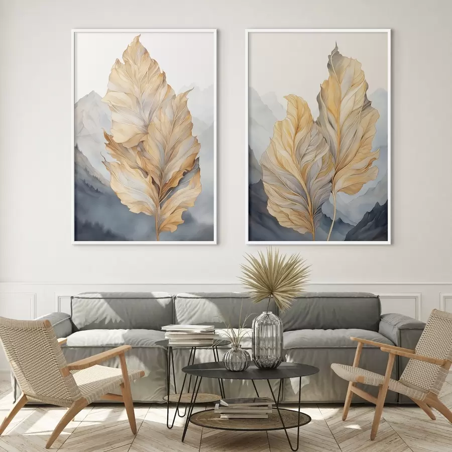 fototapet Frunze abstracte mari, galbene și maronii, cu detalii complexe, pe fundalul unui peisaj montan d01119