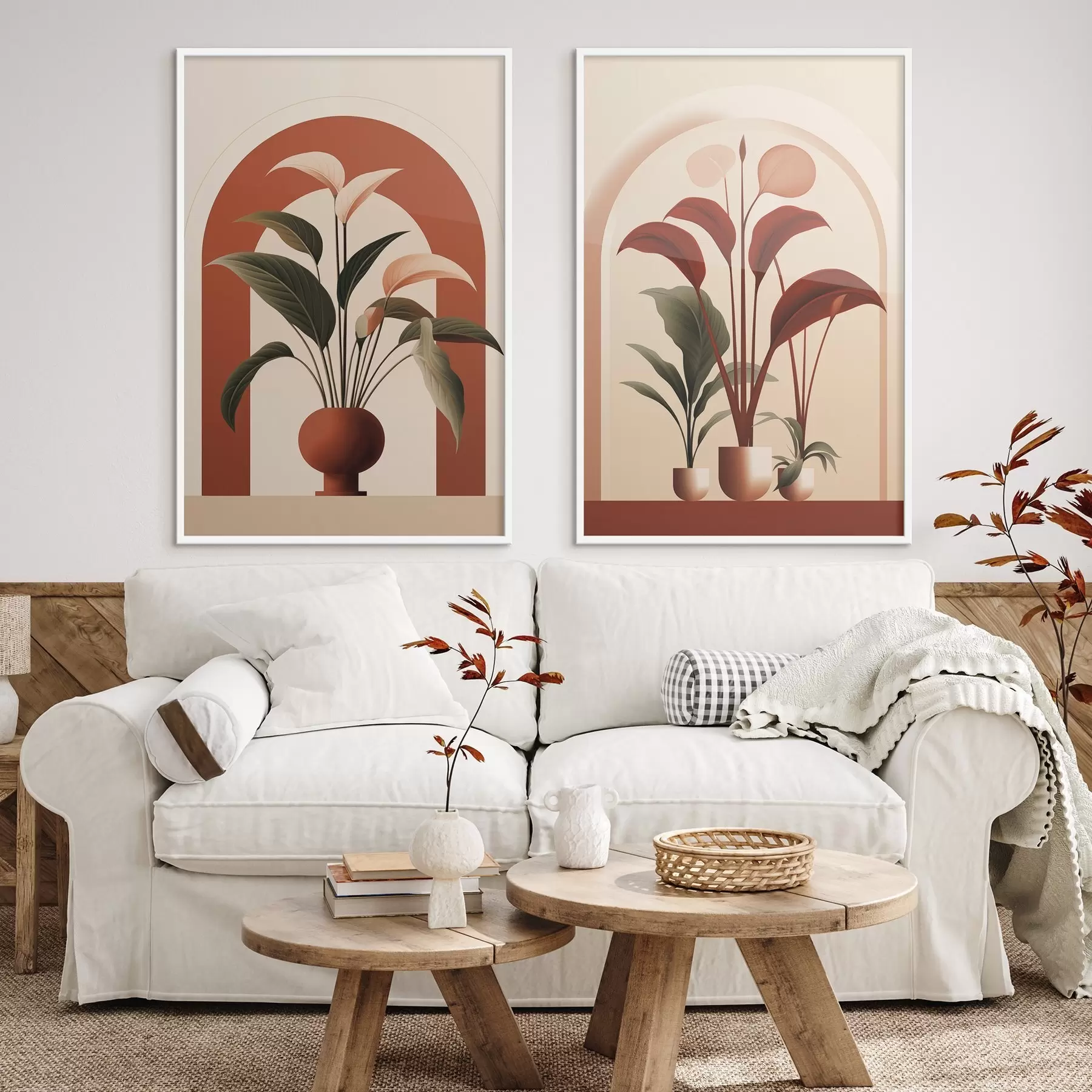 fototapet Plante abstracte în ghivece, cu frunze mari verzi și roșii, în fața unei arcade de culoare crem. d01124