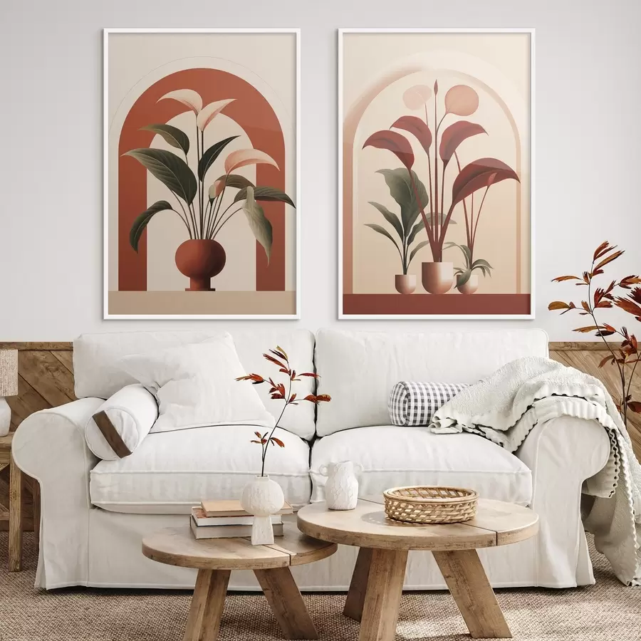 fototapet Plante abstracte în ghivece, cu frunze mari verzi și roșii, în fața unei arcade de culoare crem. d01124