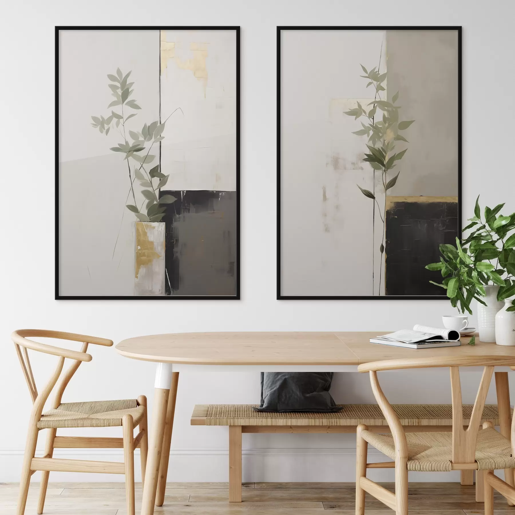 fototapet O pictură minimalistă texturată reprezentând un vas cu frunze verzi pe un fundal de forme geometrice abstracte. d01126