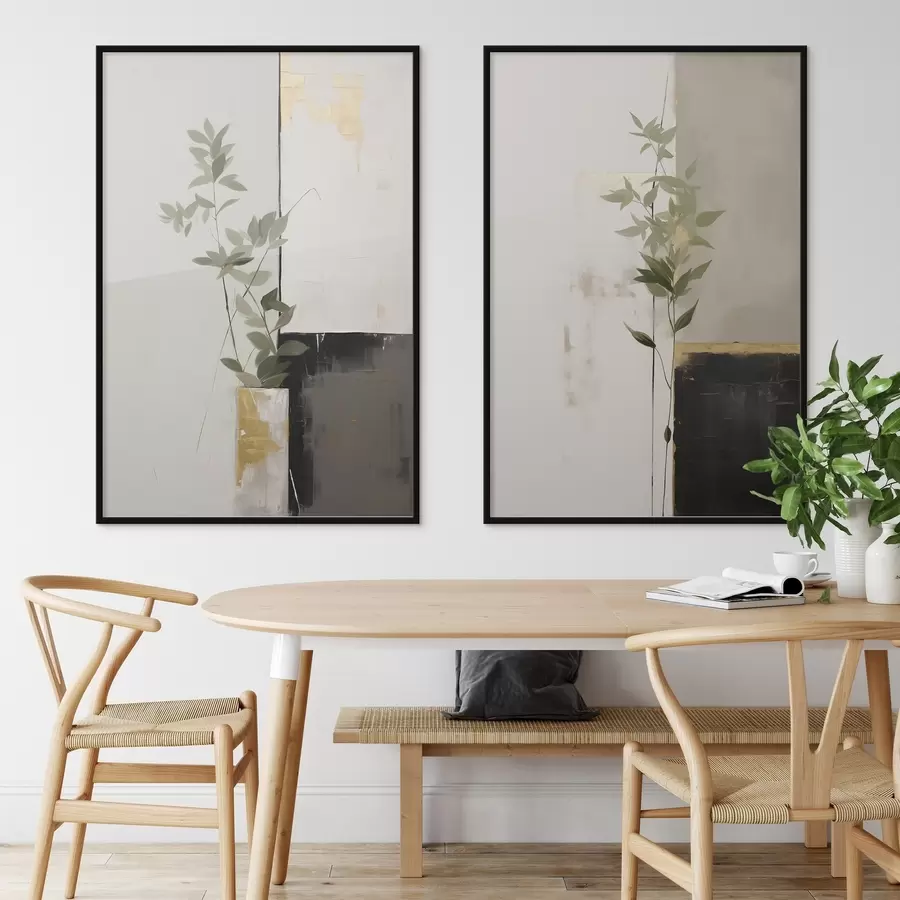 fototapet O pictură minimalistă texturată reprezentând un vas cu frunze verzi pe un fundal de forme geometrice abstracte. d01126