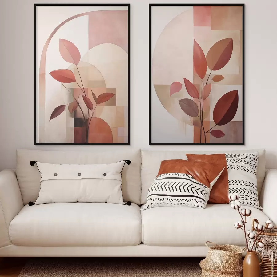 fototapet Plantă abstractă cu frunze roșii pe un fundal de forme geometrice și culori delicate, discrete d01128