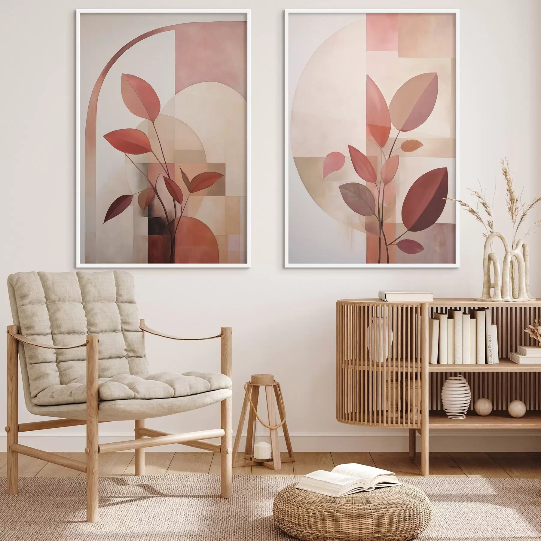 fototapet Plantă abstractă cu frunze roșii pe un fundal de forme geometrice și culori delicate, discrete d01128