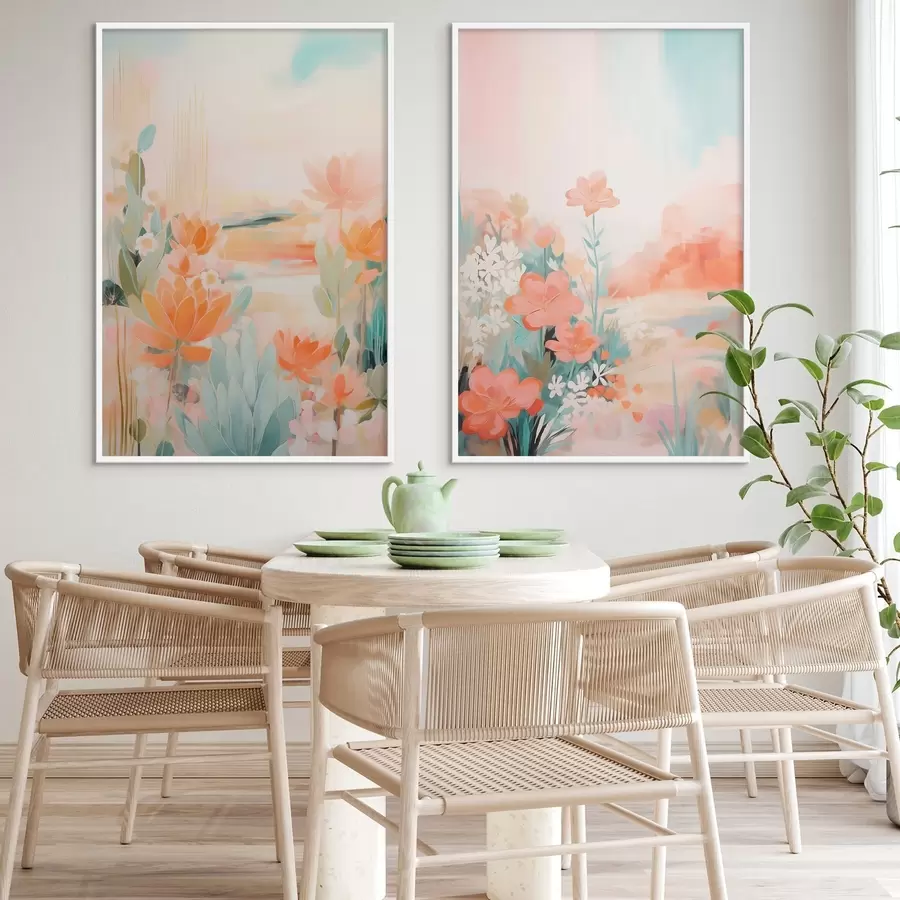 fototapet Motivele florale în tonuri pastelate pe fundalul unei văi ușor încețoșate d01085