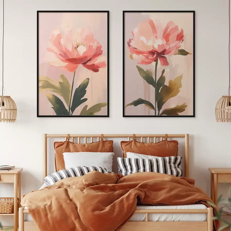 fototapet Bujori pastel pe tulpini înalte, în nuanțe calde de roz d01093