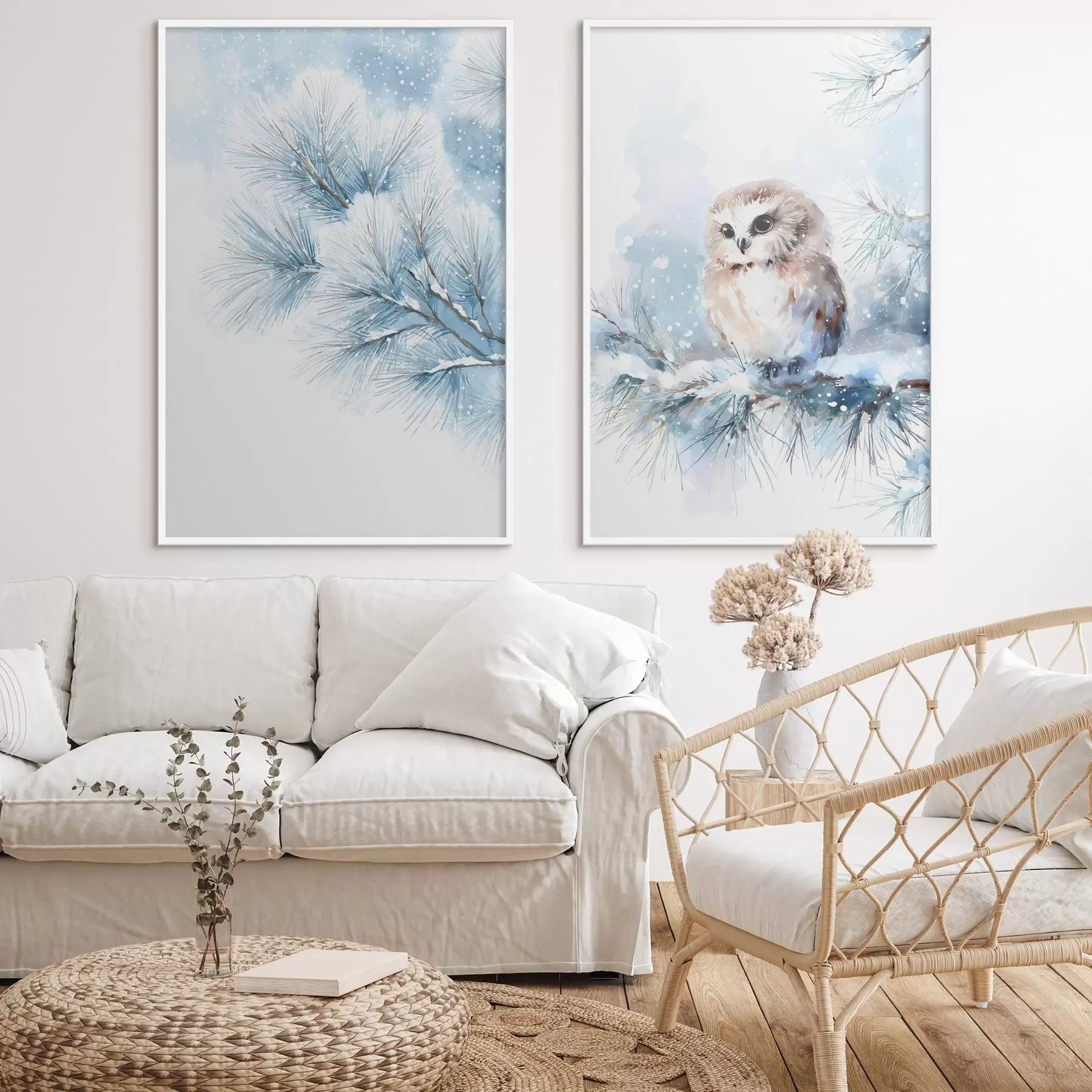 fototapet bufniță drăguță pe o ramură de pin acoperită de zăpadă, în stil acuarelă d01168