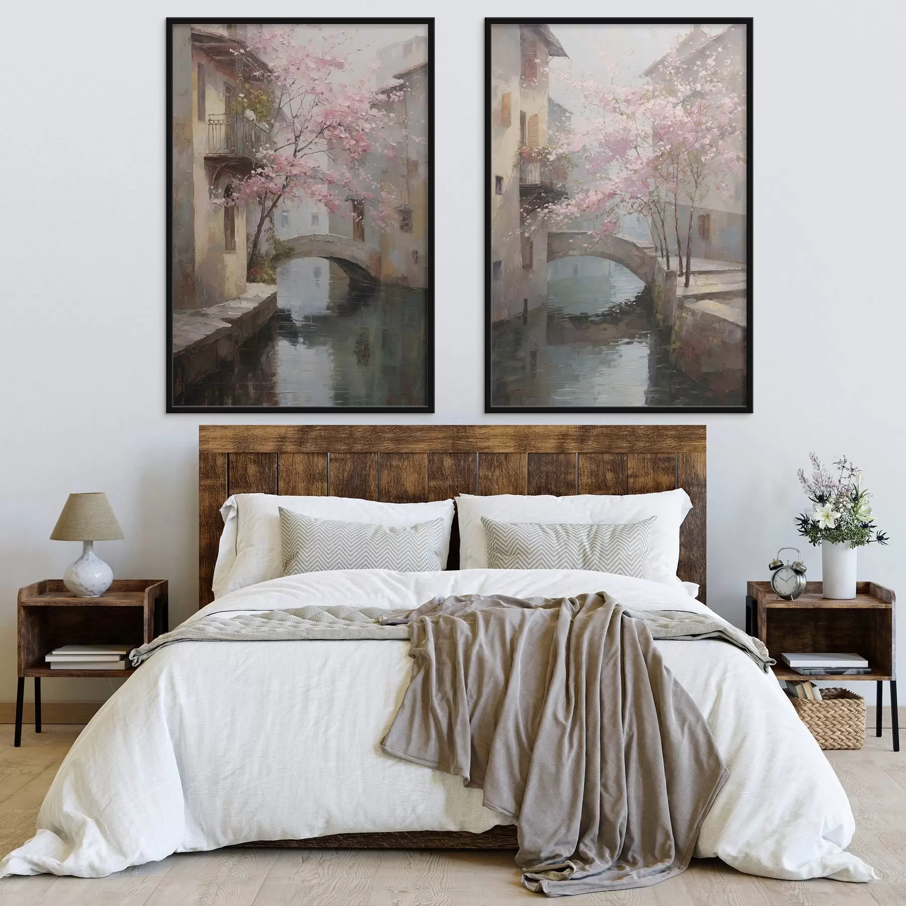 fototapet peisaj urban romantic cu un copac înflorit în stilul picturii în ulei d01173