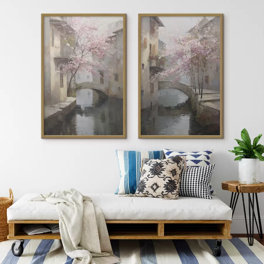 fototapet peisaj urban romantic cu un copac înflorit în stilul picturii în ulei d01173