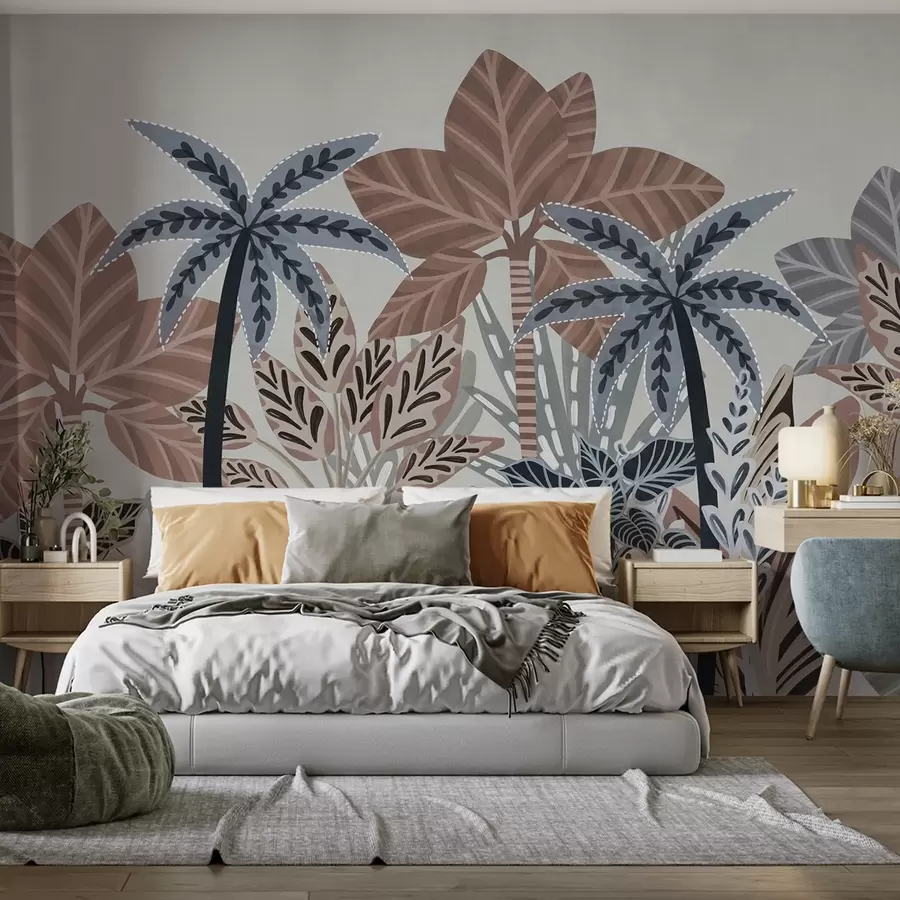 fototapet Plante tropicale texturate și palmieri cu culori discrete în stil boho decorativ pe un fundal gri w09639v1