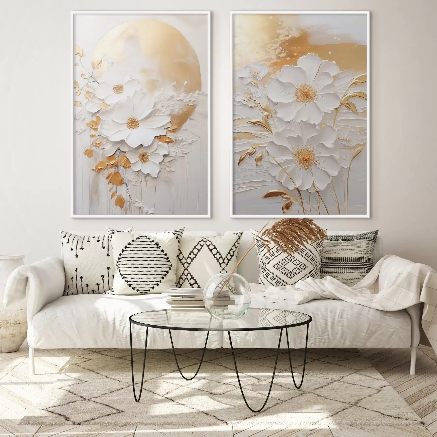 fototapet Flori albe cu accente galbene și frunze delicate pe un fundal texturat, artă modernă d01233