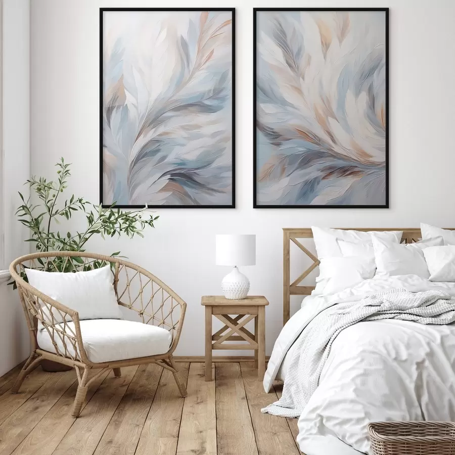 fototapet Pictură abstractă cu pene în nuanțe de alb, albastru și maro, cu o textură moale, fluidă și un fundal deschis. d01234