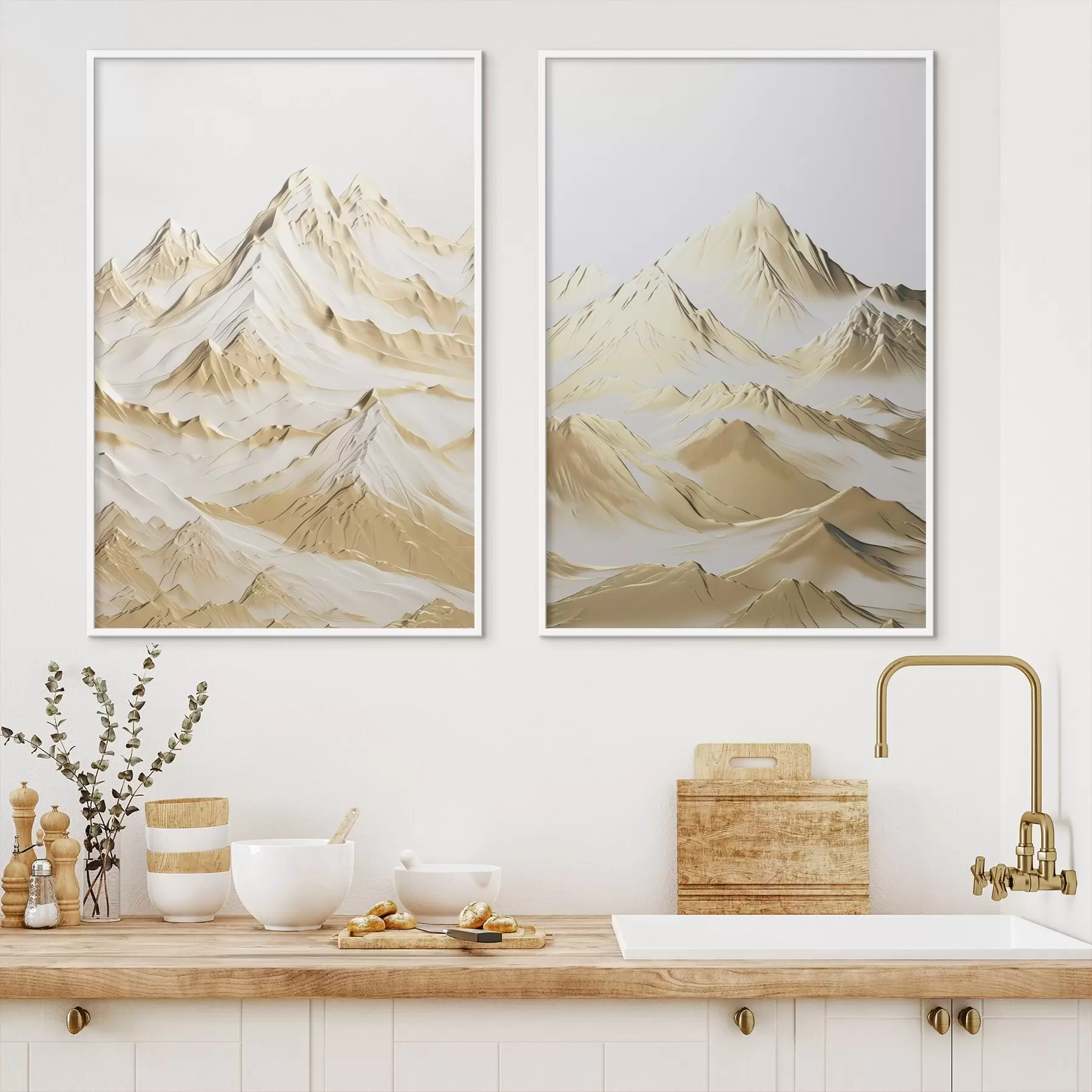 fototapet Un peisaj cu munți galbeni, acoperiți de zăpadă, cu vârfuri ascuțite și văi adânci sub un cer luminos. d01236