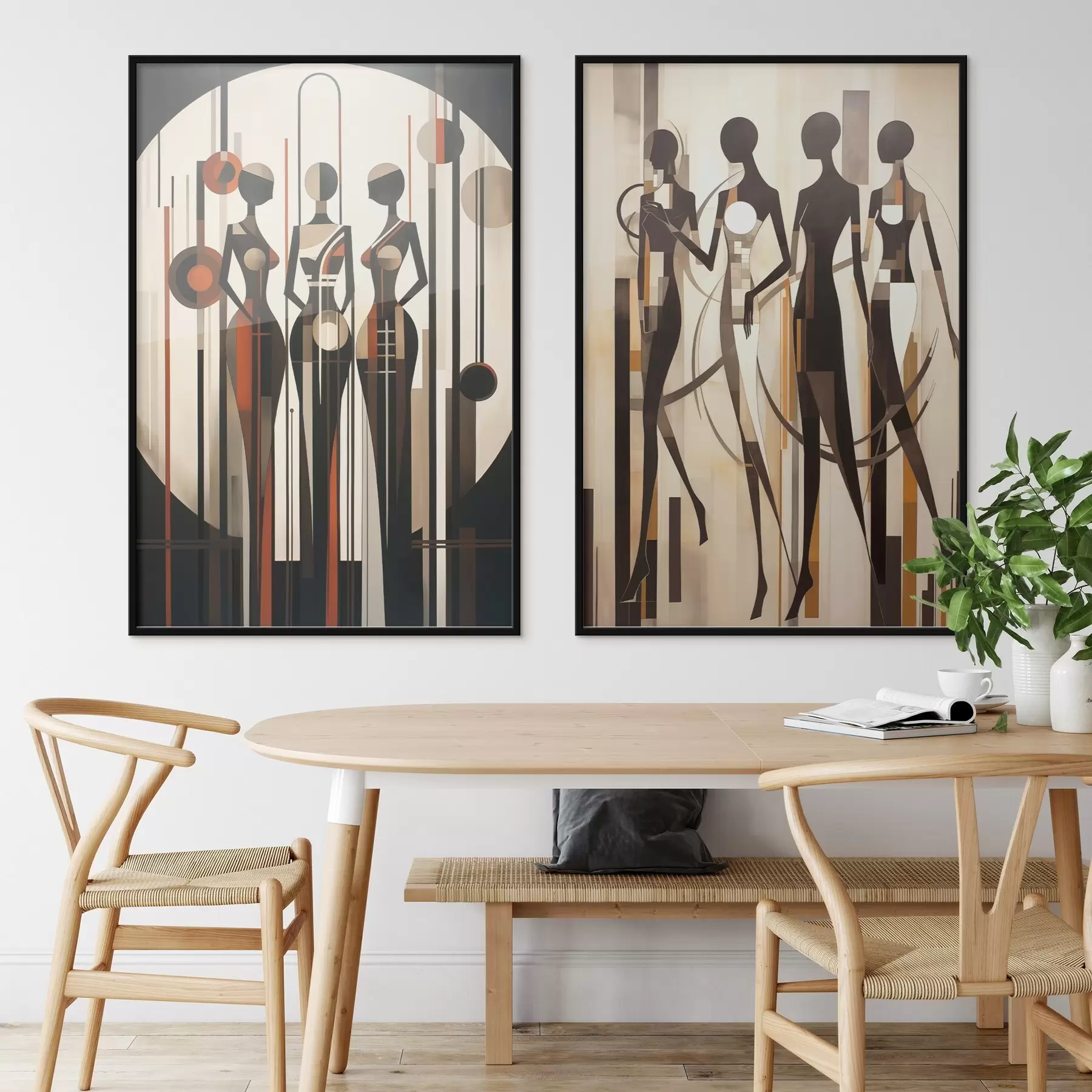 fototapet Figuri feminine stilizate cu elemente geometrice pe un fundal abstract format din linii verticale și cercuri d01237