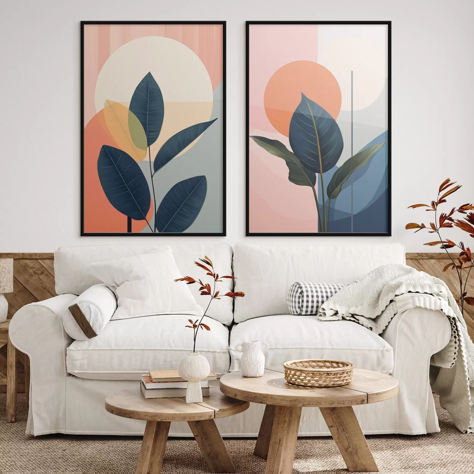 fototapet Frunze întunecate pe un fundal de forme abstracte în nuanțe de piersic și gri, cu un cerc mare, de culoare galben pal d01238