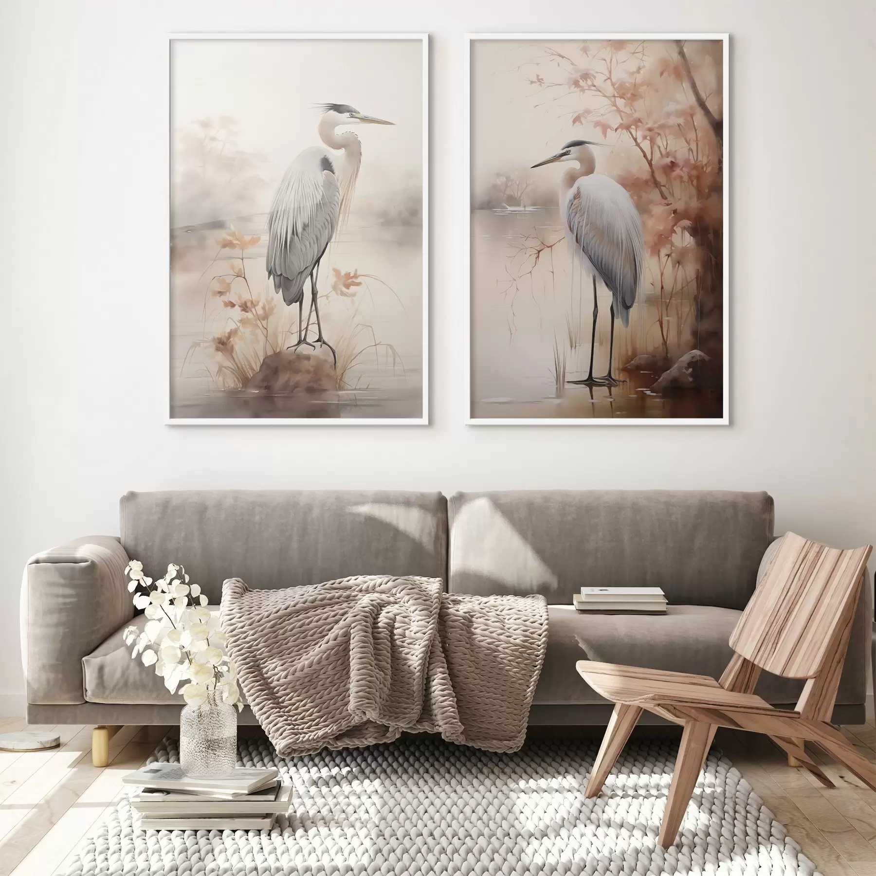 fototapet O stârcă stă pe o stâncă într-un lac, cu iarbă înaltă și copaci în fundal. d01239