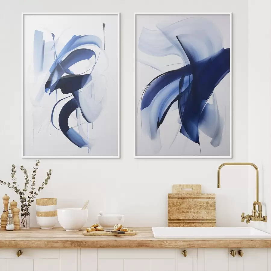 fototapet Forme abstracte albastre asemănătoare cu pensulele, cu linii și curbe fluide pe fond alb, artă modernă d01240