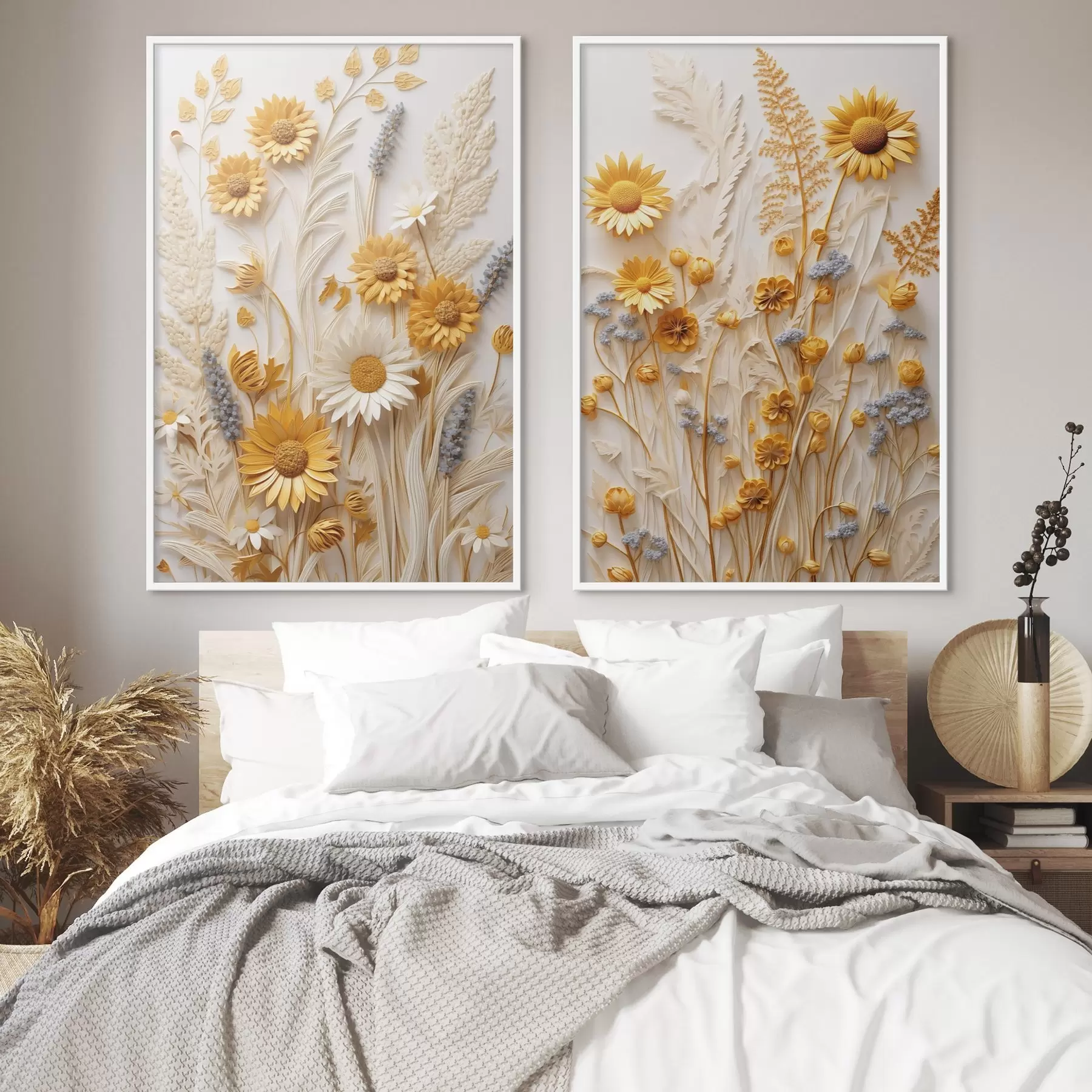 fototapet O colecție texturată de margarete galbene și albe cu ierburi uscate și crenguțe de lavandă pe un fundal alb d01241