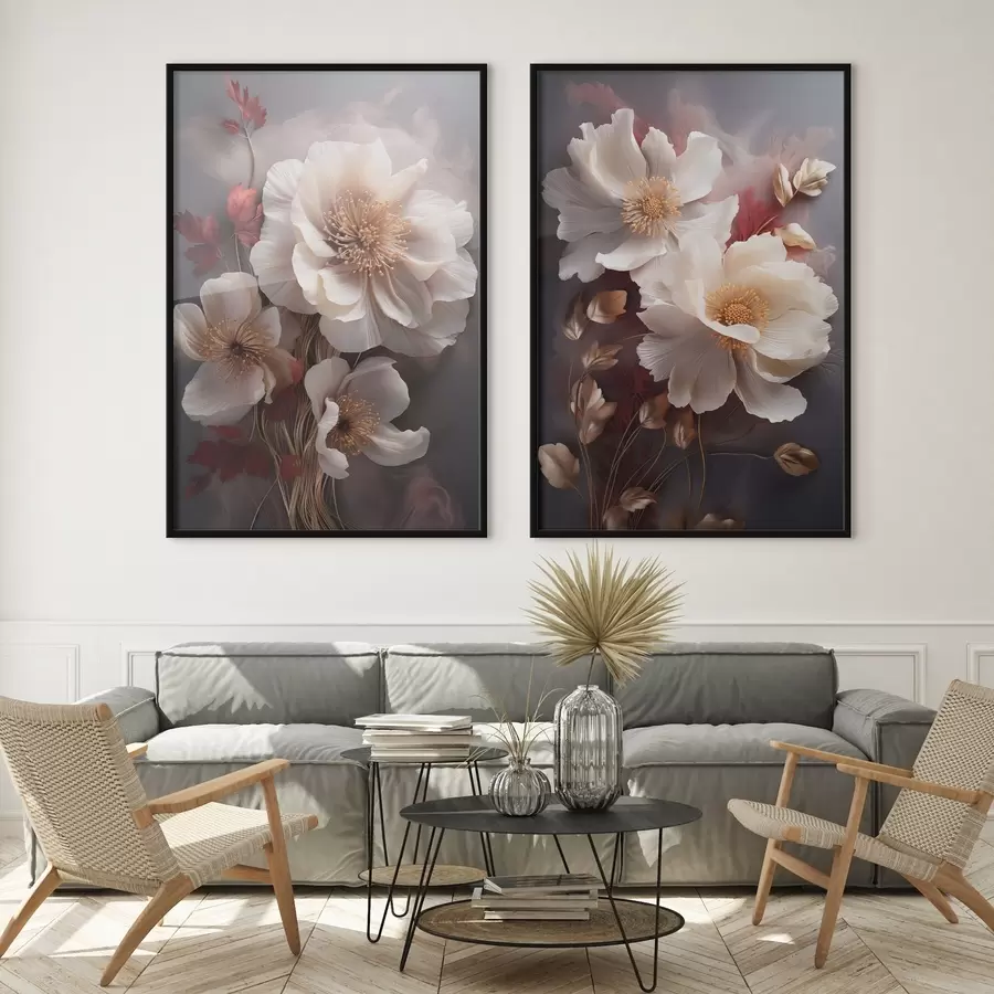 fototapet Bujori delicați, cu petale subțiri și vaporoase, înconjurați de frunze roșii închise și galbene, pe un fundal abstract. d01243