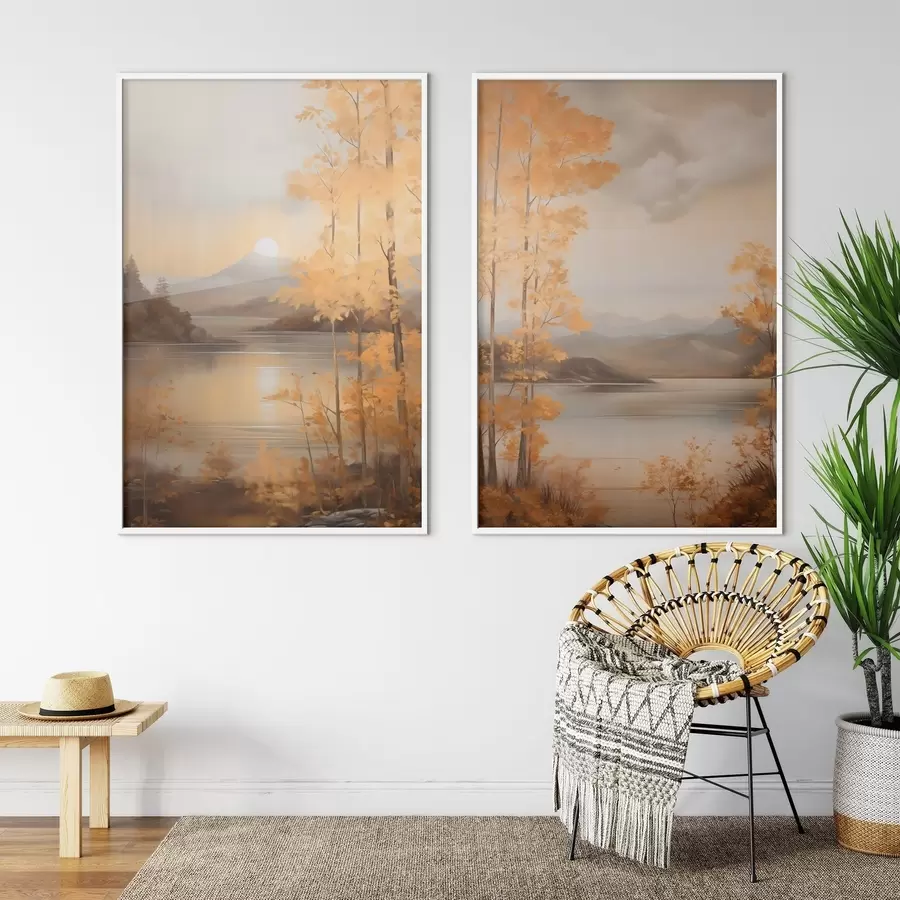 fototapet Copacii cu frunze portocalii, specifici toamnei, încadrează un lac liniștit, cu munți îndepărtați, sub un cer înnorat. d01246