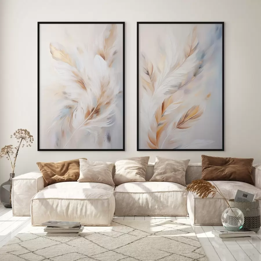 fototapet Pene mari și moi, cu o combinație de nuanțe de alb, galben și maro, pe un fundal abstract și deschis. d01247