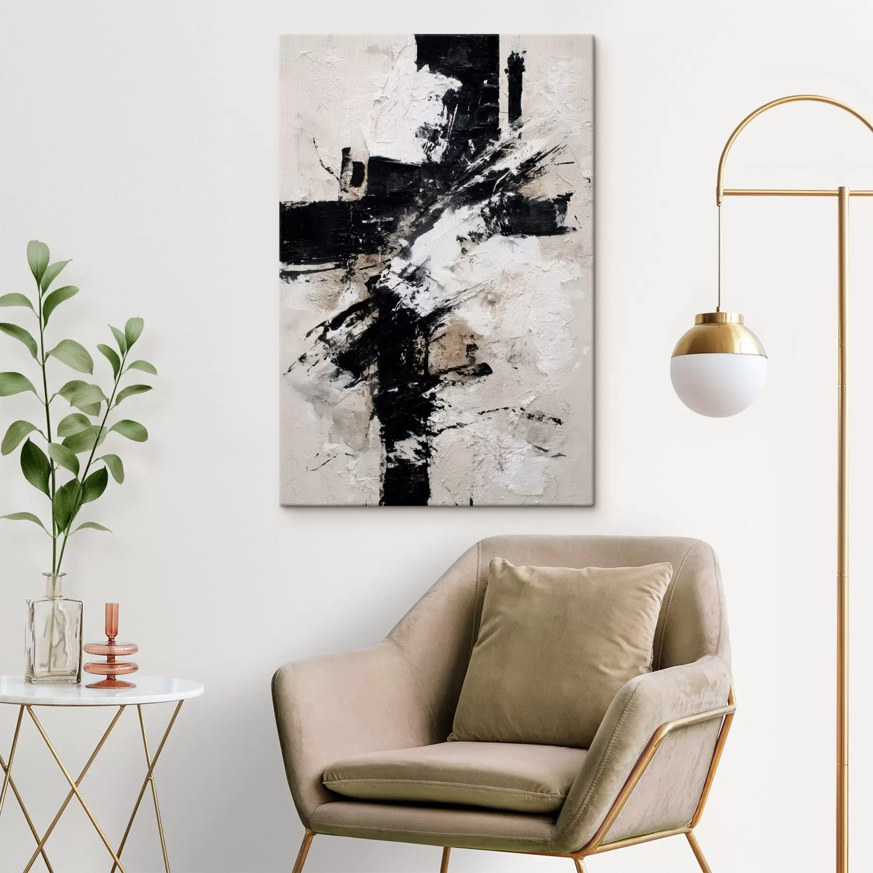Tablouri Interior modern abstract, cu linii haotice și tușe volumetrice în stilul picturii pe pânză s47090